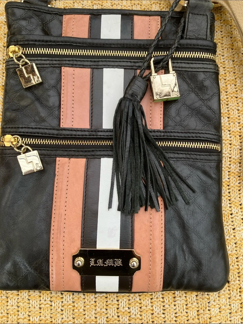 L.A.M.B. By Gwen Stefani Y2K Black with Pink & White Stripes Crossbody